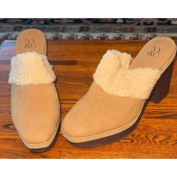 New York & Company Bailey Clog Faux Sherpa Lined Brown Tan Slip On Heel 9M - Picture 1 of 3